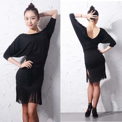 Latin Dance Fringes Black Dress Bat Sleeve Dresses Adult Dance Practice Clothing Women Cha Cha Rumba Samba Dancewear