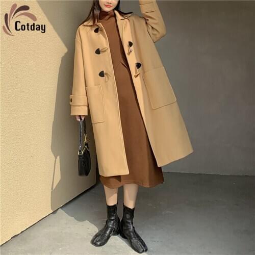 Cotday Horn Button Korea Style Casual Khaki Thickened Big Pocket Autumn And Winter Women 2021 New Medium Long Woolen Blend Coat