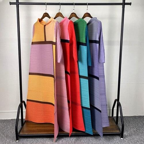 Stand Collar Half Sleeve Loose A-Line Dress Women Summer Miyak Pleated Plus Size Casual Hit The Color Long Dress Female Vestidos