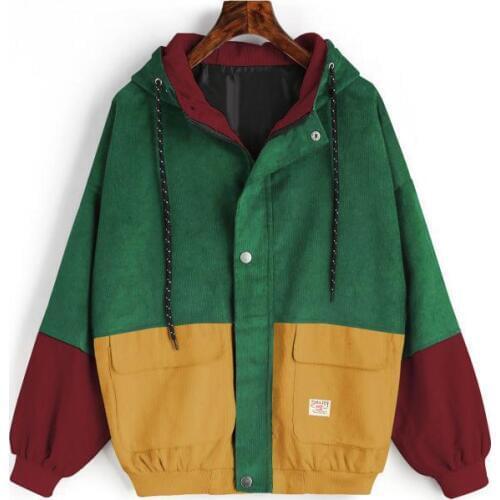 Style preppy style corduroy patchwork color block woman coat autumn winter long sleeve zipper slim corduroy female male coats