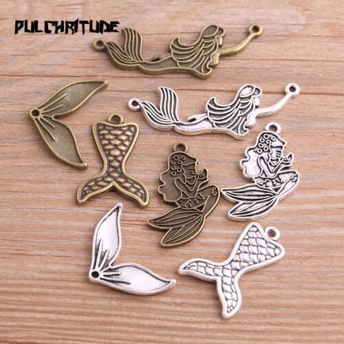 10PCS Mix Size 4 Style New Product Two Color Mermaid Charms Animal Pendant Jewelry Metal Alloy Jewelry Marking