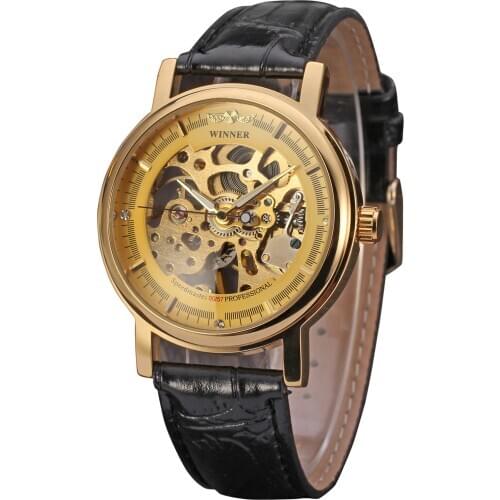 2019 Fashion T-Winne Top Brand Black Luxury Gold Men Mechanical Clock Montre Homme Man Watch Leather WINNER Skeleton Design