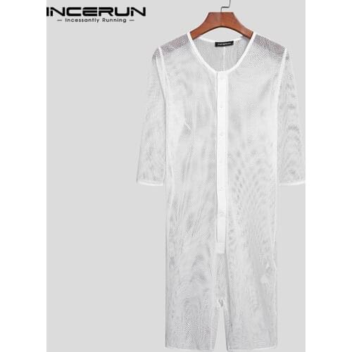 2021 Men Mesh Pajamas Rompers See Through Half Sleeve Breathable Homewear Jumpsuits Leisure Sexy Men Nightwear Playsuits INCERUN