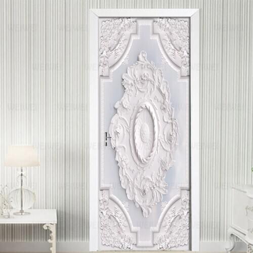 3D White European Pattern Carved Door Stickers Mural Living Room Door PVC Self-adhesive Waterproof 3D Wallpaper Home Door Decals