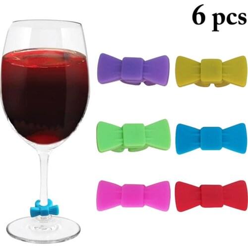 6 PCS Silicone Bowknot Decor Wine Glass Charm Creative Birthday Party Wine Glass Marker Bar Drink Identifier Tags Accessories