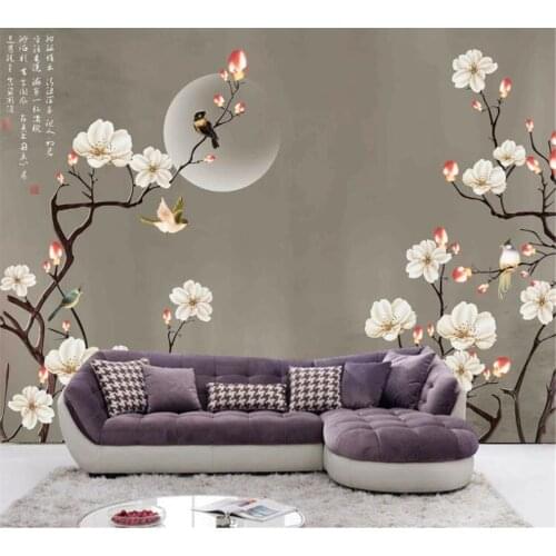 Beibehang New Chinese style hand-painted custom wallpaper fashion classical flower and bird magnolia home background wall
