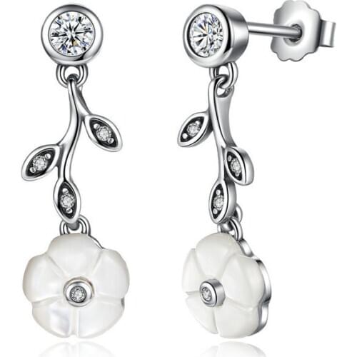 BK 100% 925 Sterling Silver High Quality White Flower Pendant Stud Earrings Push-Back Clasp Women Earrings Jewelry for Girls