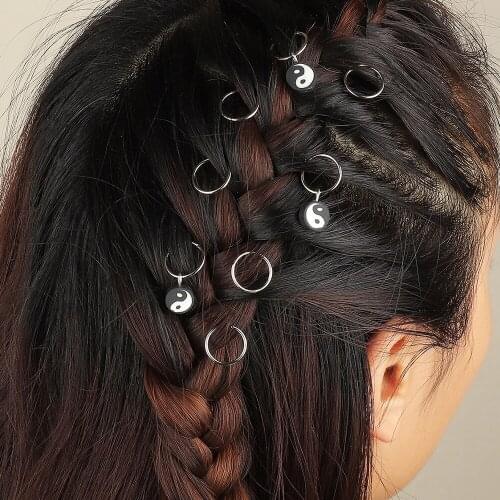 Flower Yinyang Pendant Charms Hair Braid Rings Twist Braid Hair Ornaments for Women Girls DIY Alloy Circle Hoop Hair Accessories