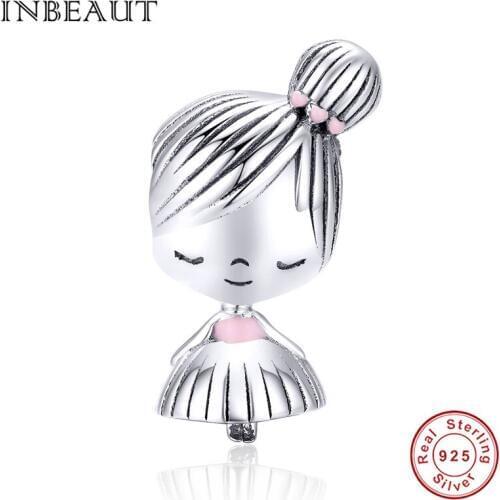 INBEAUT Real 925 Sterling Silver Cute Little Girl Beads fit Brand Bracelet Dress Female Student Charms European DIY Jewelry