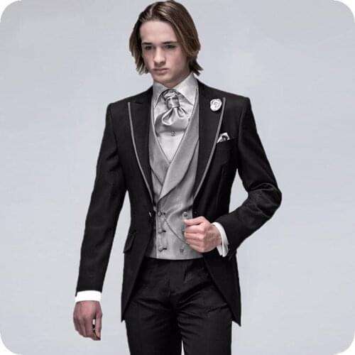 Italian Black Men Suits for Wedding Silver Grey Vest 3Pieces Vintage Slim Fit Groom Tuxedos Man Blazers Jacket Costume Homme