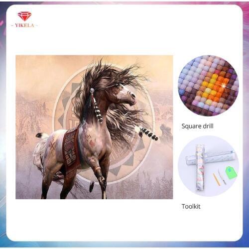 YIKELA 5D Cross Stitch Animal Picture Wall Sticker Mosaic Painting Embroidery Long Hair Horse Diamond Painting Home Decoration