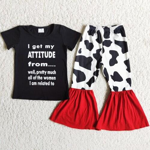 Baby Girl Clothing Set Cow Spot Pattern Bell Pants Letter Print Black Short Sleeve Girl 2pcs RTS Boutique Clothing