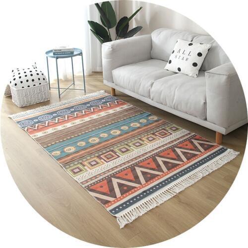 Living Room Hand Woven Fringe Carpet Machine Washable Kids Bedroom Bedside Carpet INS Geometry Style Cool Non-slip Carpet Rug