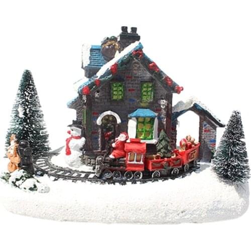 50LB Creative Color LED Lights Christmas Small Train Village House Luminous Landscape Snow Figurines Resin Desktop Ornament Xmas