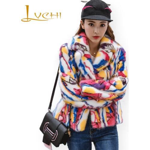 LVCHI New Brand Top Quality Leather jacket for women Natural Mink coat import mink fur coat suit collar print short Coat female