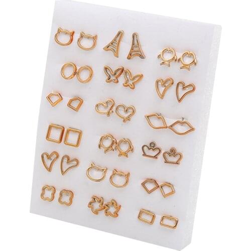 18Pairs Earrings Geometric Cat Round Circle Diamond Heart Shape Stud Earrings Set Gold Silver For Women Girls Earrings Jewelry