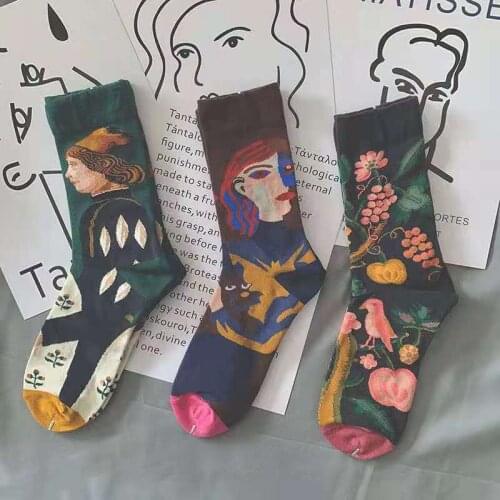 Retro Illustration Art Socks Female Paintings Printed Trend Mid-Tube Korean Couple Gift College Style Stockings Ins Student
