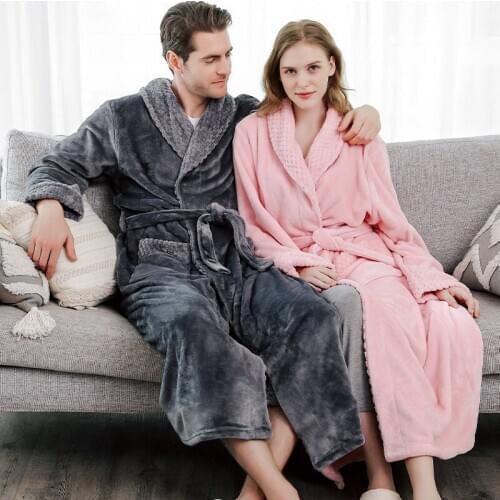Autumn and Winter Flannel Stitching Nightgown Long XL Thickening Men and Women Couple Pajamas Home Hotel Bathrobe