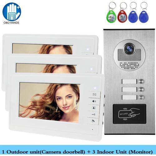 Wired Home 7 inch TFT Color Video Intercom Door Phone System RFID Camera Metal 700TVL with 2/3/4 Monitor for Multi Apartments