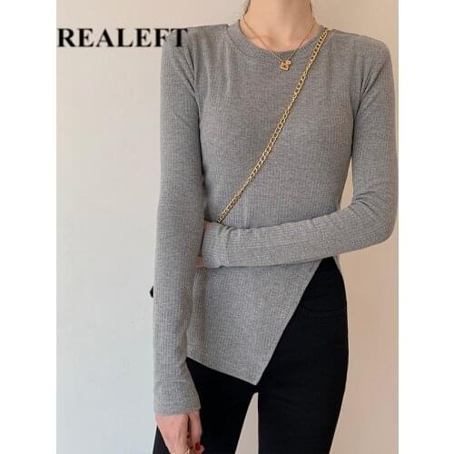 REALEFT 2021 New Autumn Winter Irregular Knitting Womens Pullovers O-Neck Long Sleeve Split Sweater Female Bottom Solid Tops