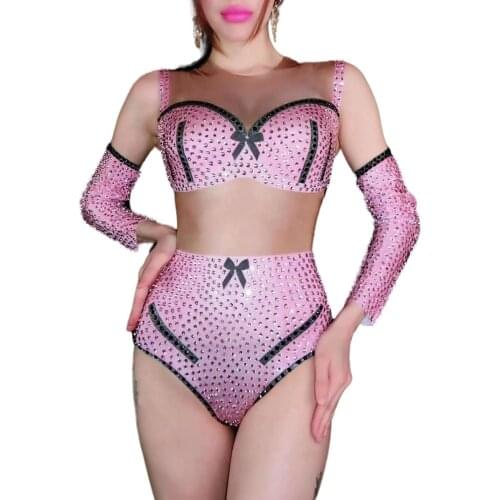 Pink Bow Party Outfit Jumpsuit Rhinestone Splicing Hollow Out Nightclub Dance Costume Women Sexy Show Bodysuits