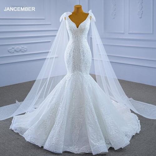 RSM67318 Mermaid Wedding Dress Elegant Applique Lace Lightweight Shawl Yarn Sexy Sleeveless Deep V-neckفساتين زفاف