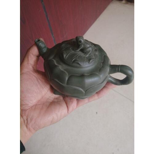 Old Chinese Handcraft Enameled YiXing Zi Sha Clay (blue stoneware) Teapot ,Frog & Lotus,no 63,with mark,Free shipping