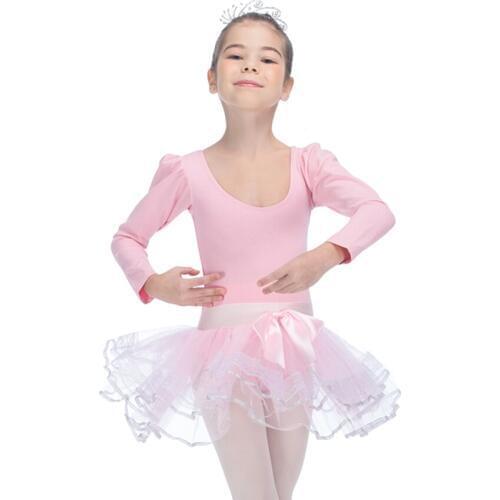 Light Pink Cotton/Lycra Girls Long Sleeve Leotard with Tutus Skirts for Dance/Girls Ballet Dresses