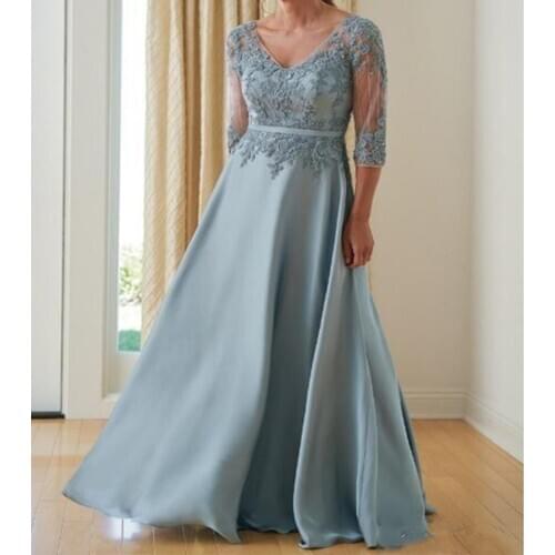 Plus size party dress A-line V-neck half-sleeved chiffon applique light blue bride mother dress long groom mother dress wedding