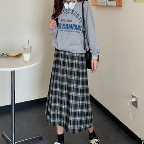 Plaid Skirt Women Vintage Casual Maxi Skirt Elastic Waist Long Vestidos Streetwear Y2K A Line Floral Skirt Femme Robe Plus Size