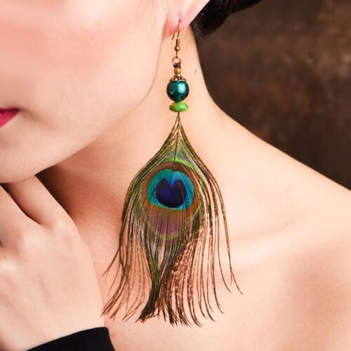 Women ethnic LONG earrings fashion handmade peacock feather earrings,new thailand vintage bohemian earrings
