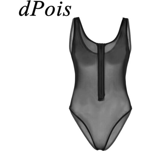 Women Bodysuit Babydolls One Piece Mesh See Through Sheer Leotard Sleeveless Sexy Lingerie Front Zipper High Cut Teddy Bodysuits