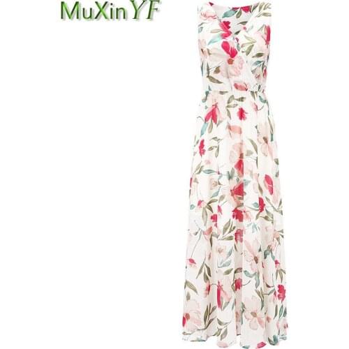 Womens Graceful Slim Long Dress 2021 New Lady Bohemian Print V-Neck Tank Maxi Dresses Fashion Travel Elegant Robe Streetwear
