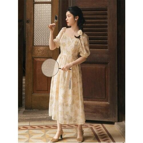 Dresses For Women 2021 Retro Print Chiffon Floral Dress Puff Sleeve Square Neck Elegant French First Love Vestido