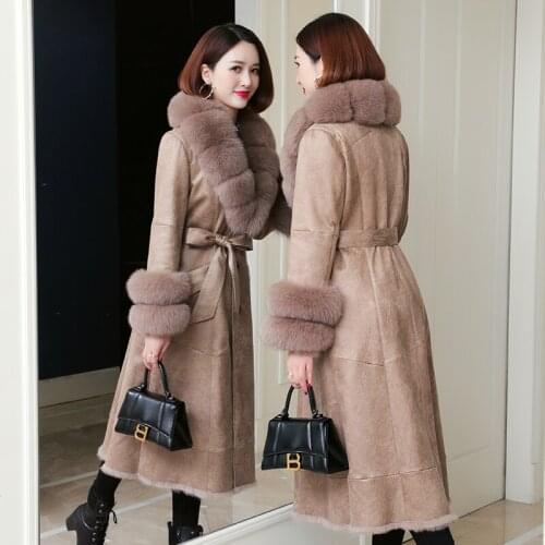 2021 New Real Double Face Rabbit Fur And Skin Leather Coat Womens Winter Long Warm Genuine Leather Fox Fur Collar Cuffs