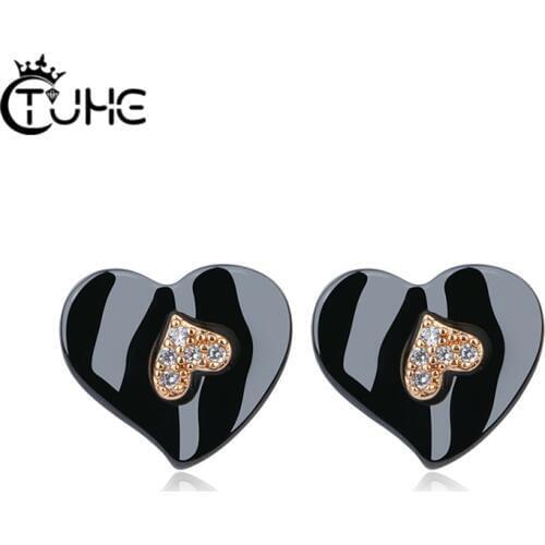 2019 Rhinestone Cute Heart Stud Earrings For Women AAA CZ Crystal Black Ceramic Stud Earrings Never Fade Fine Jewelry Gift