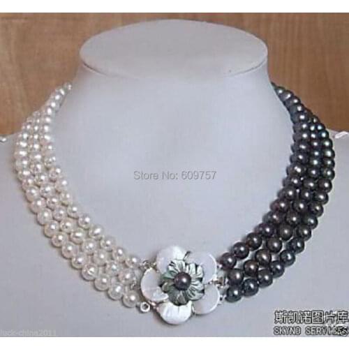 3rows 7-8mm white&black Freshwater Akoya Pearl Necklaces Freshwater Cultured Pearls Pearl necklace deliverCZ Luxury Ms. girl