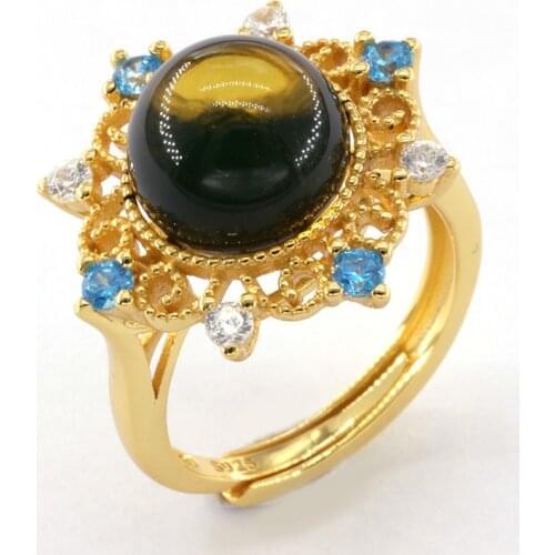 Amber Ring Mexico 5A Clean Blue Amber Blue and White Gemstone Side Stone Round Bead Ring Lace Inlay Gemstone Jewelry