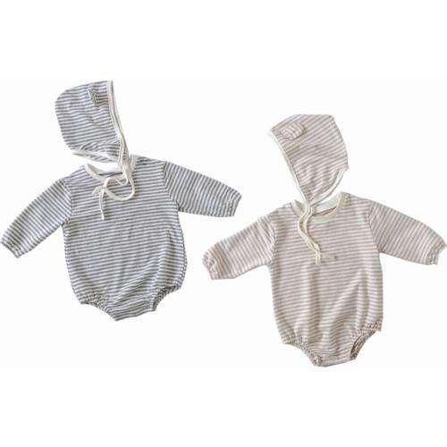 Newborn Baby Girls Gray Striped Romper Toddler One Piece Jumpsuit Long Sleeve Striped Body Suit Hat Outfits Sets Overalls 0-18 M