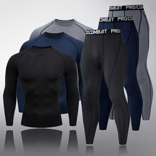 Men clothing Compression Thermal underwear rashgard Male thermal shirt pants Solid Color 2 piece Tracksuit Men long johns Set