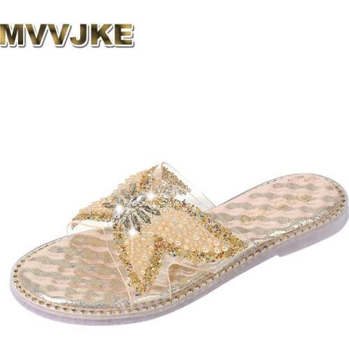MVVJKE Slippers women ladies fashion girls bow tie crystal pearl flat bottom shoes woman summer slipper casual shoes zapatos