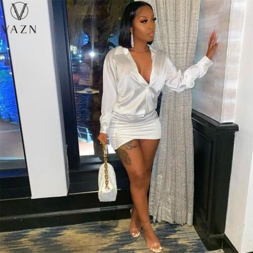VAZN 2021 Night Shinny Dress Full Sleeve Deep V-neck Dresses For Evening Robe Casual Young Chiffon Slim Young Women Mini Dress