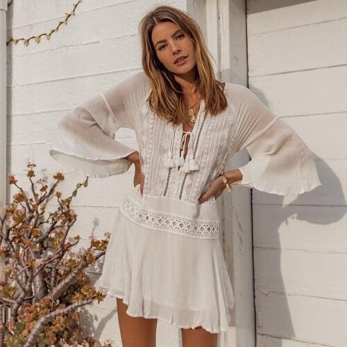 New Chiffon Lace Beach Cover Up Women Summer Beach Dress Bikini Swimsuit Cover Up White Beach Short Skirt Trumpet Sleeves Blouse