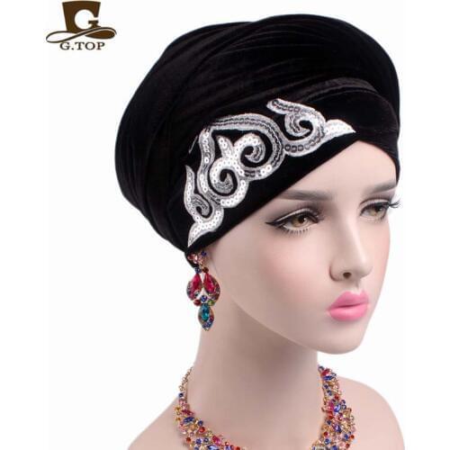 New fashion women gorgeous Embellished sequined Velvet Turban Long Head Wraps women luxury Hijab head scarf turbante