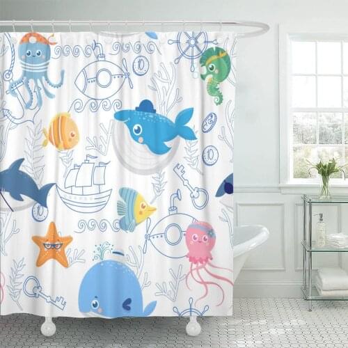 Ocean Funny Sea Animals Cute Pirates Marine Pattern Baby Shower Curtain Waterproof Polyester Fabric 60 x 72 Inches Set with Hook