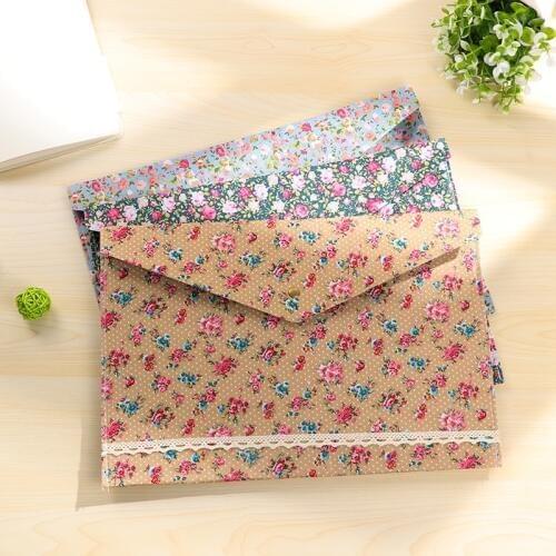 1Pc Stock Clear Korean Cute Floral Fabric File Bag A4 Size Paper Storage Bag File Folder with Button School Office Supplies