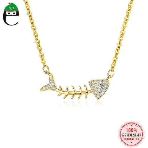 ElfoPlataSi Real 925 Sterling Silver 14K Gold Plated Fish Bone Zircon Pendant Clavicle Chain Necklace Women Party Jewelry L046