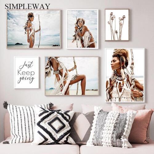 Sexy Wild Boho Girl Tribe Poster Nordic Canvas Print Poppy flower Nature Wall Art Painting Decorative Picture Living Room Decor
