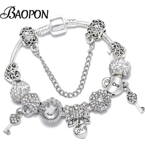 Romantic Love Key Pendant Charm Bracelets For Women With Heart To Heart Beads Fine Bracelet As Lover Couple Christmas Jewelry