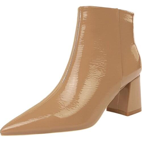 UMMEWALO Patent Leather Boots Women Fashion Pointed Toe Thick Heels Winter Ankle Boots Ladies